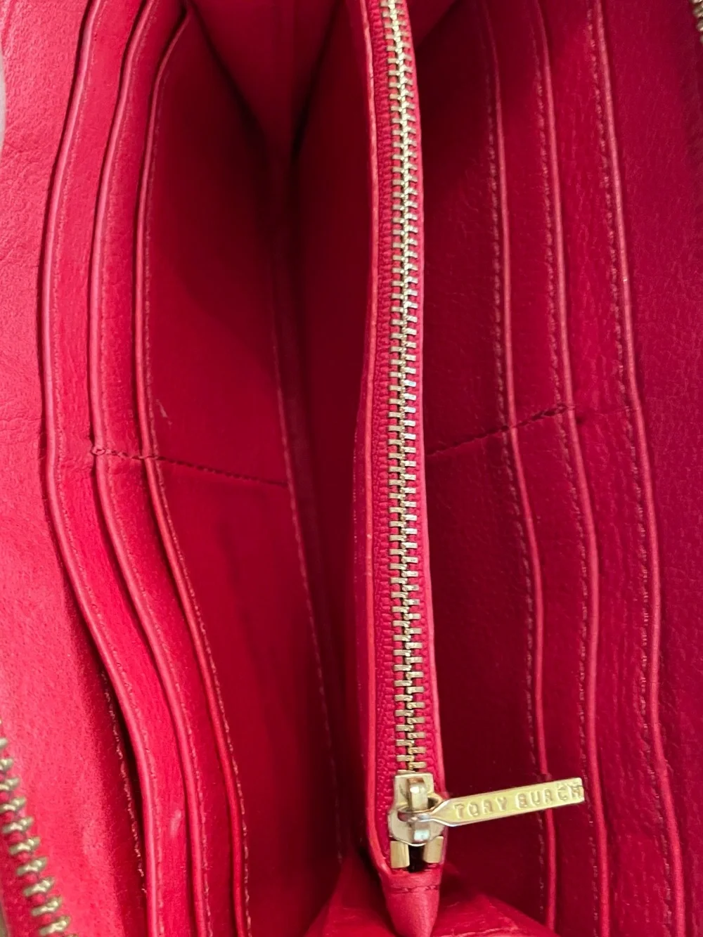 Tory Burch Coral-Red Pebbled Leather Zip Continental Wallet with Perforated Logo